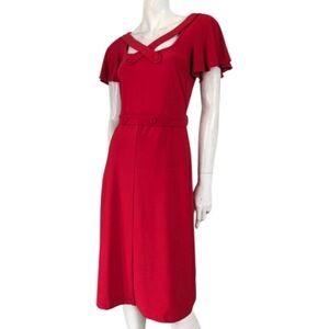 LEONA EDMISTON Frocks red belted flutter sleeve midi dress S